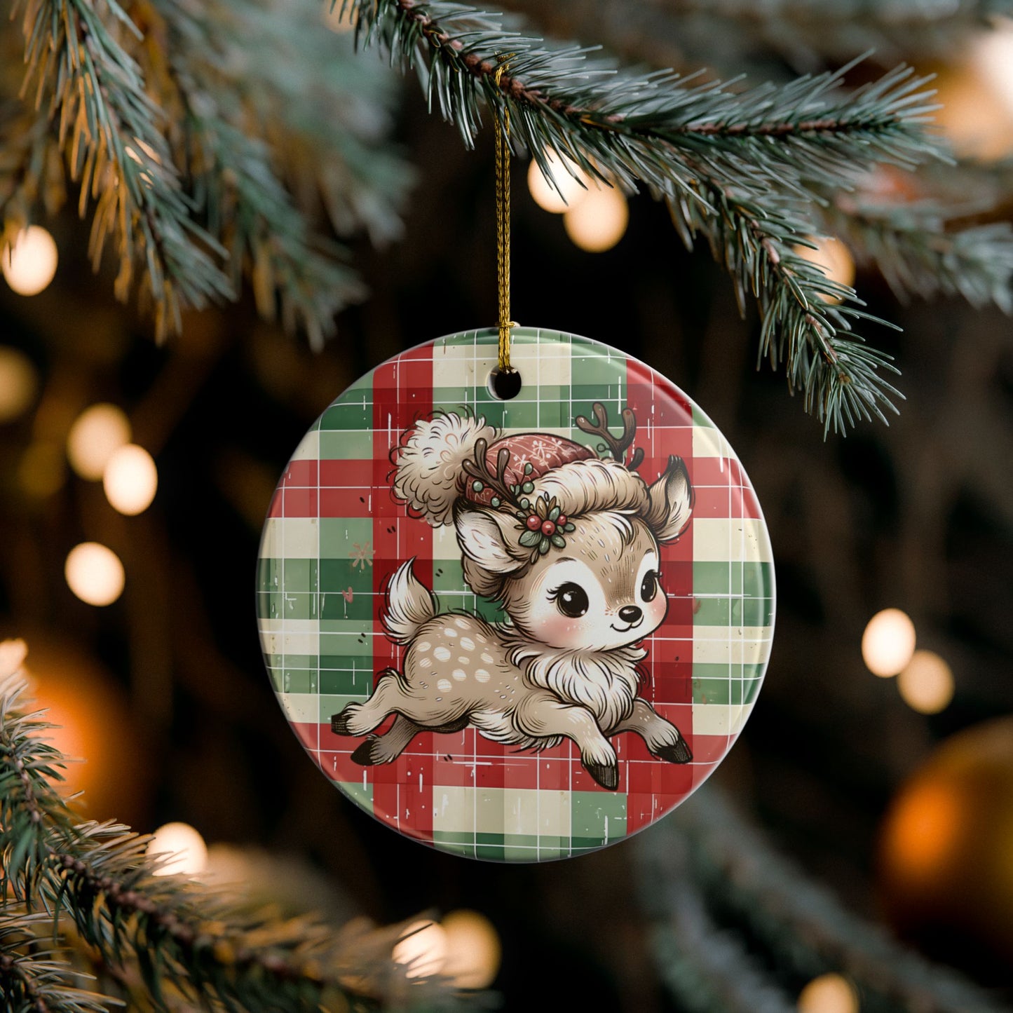 Cute Reindeer Plaid Ceramic Christmas Ornament (Double-Sided)