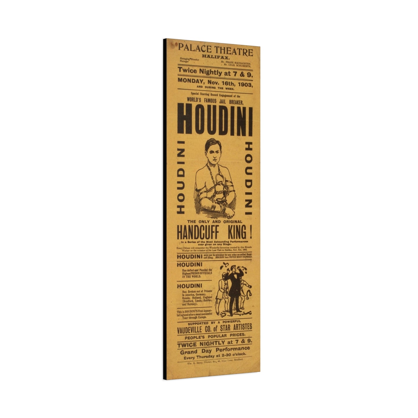 Houdini Vintage Poster Matte Canvas Wall Art (Stretched 1.25")
