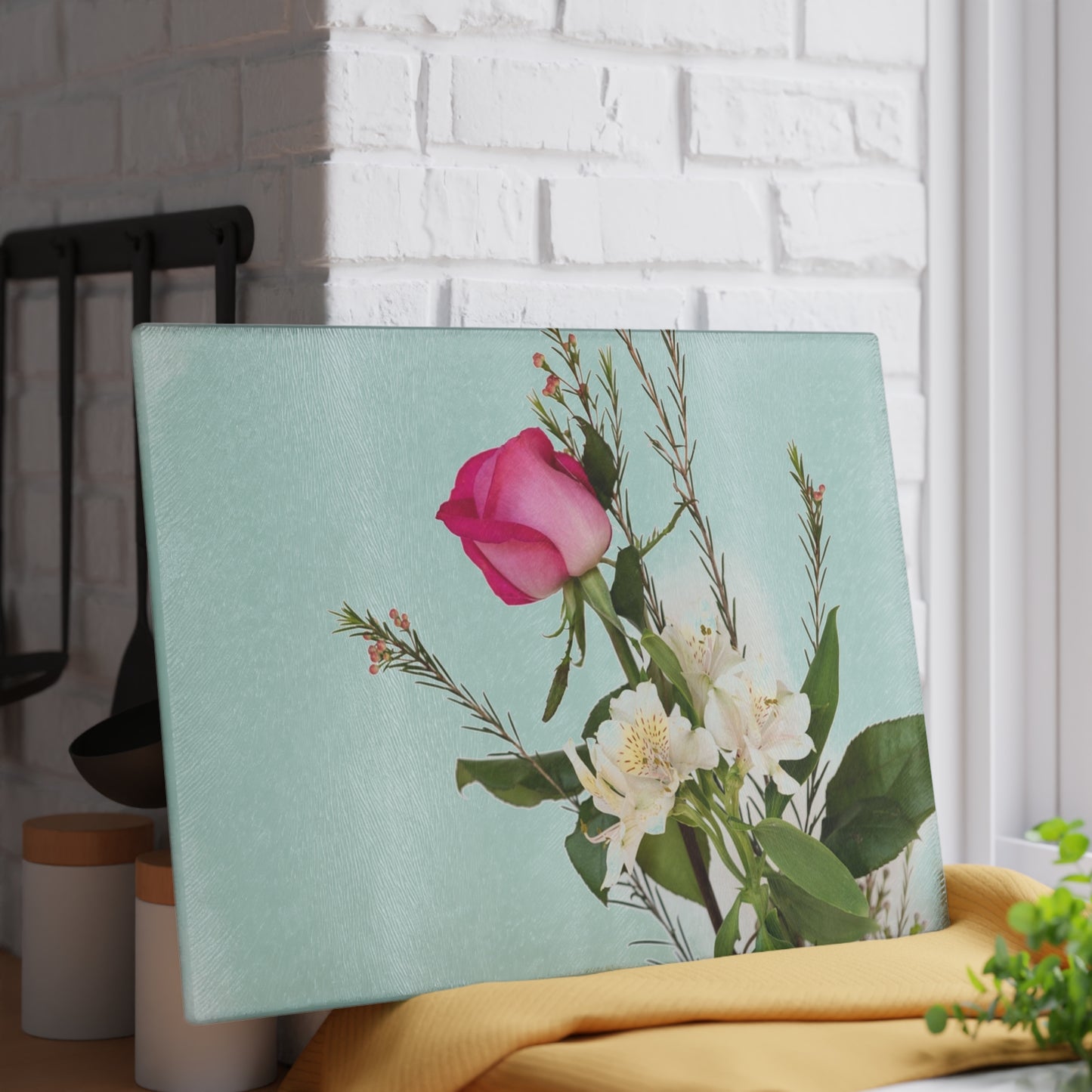 Floral Glass Cutting Board — Pink Rose on Mint Kitchen Prep Surface