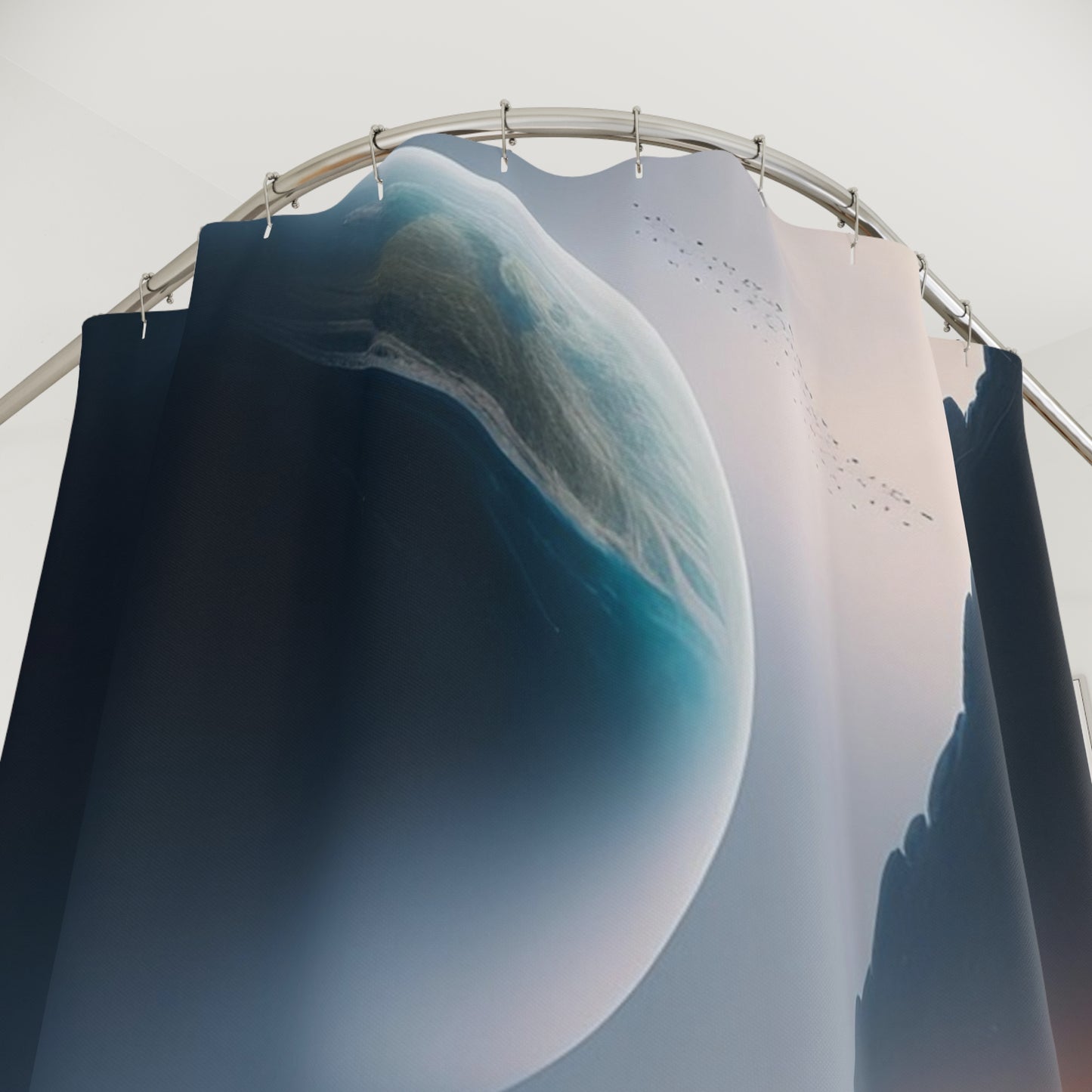 Shower Curtain — Cosmic Seascape Planet Beach Shower Curtain (Surreal Ocean Sunset)