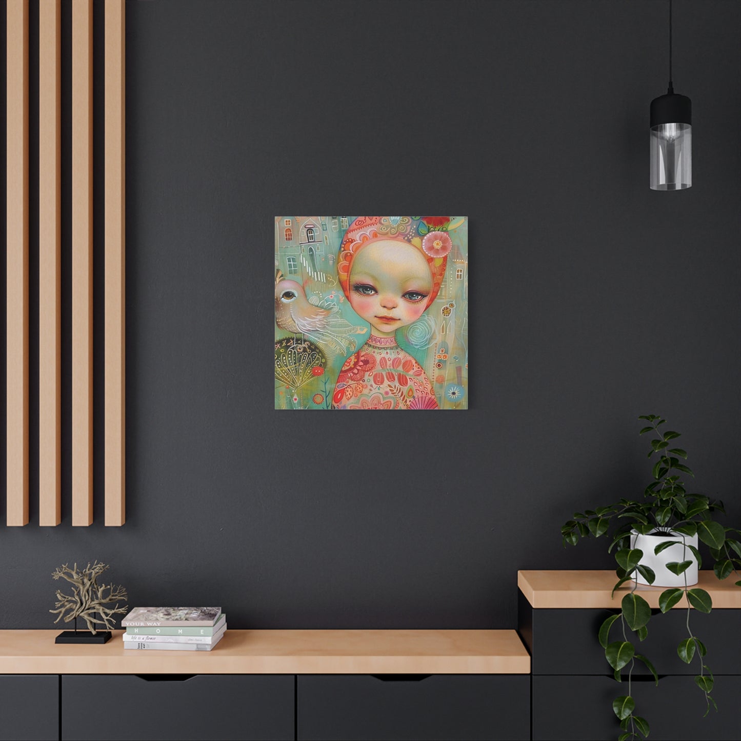Whimsical Girl & Bird Matte Canvas Wall Art — Stretched Decorative Painting