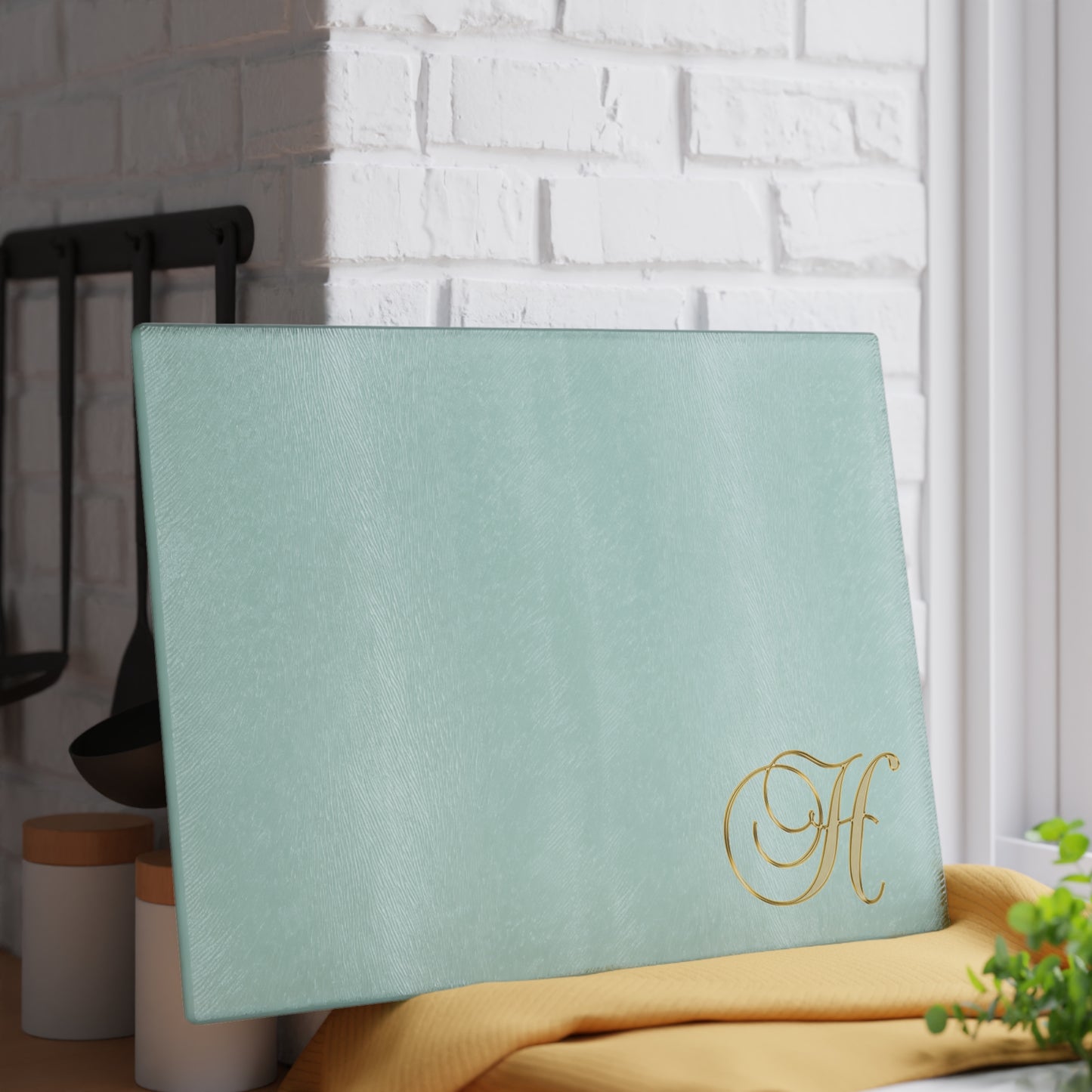 Monogram Glass Cutting Board — Mint with Gold Script "H"