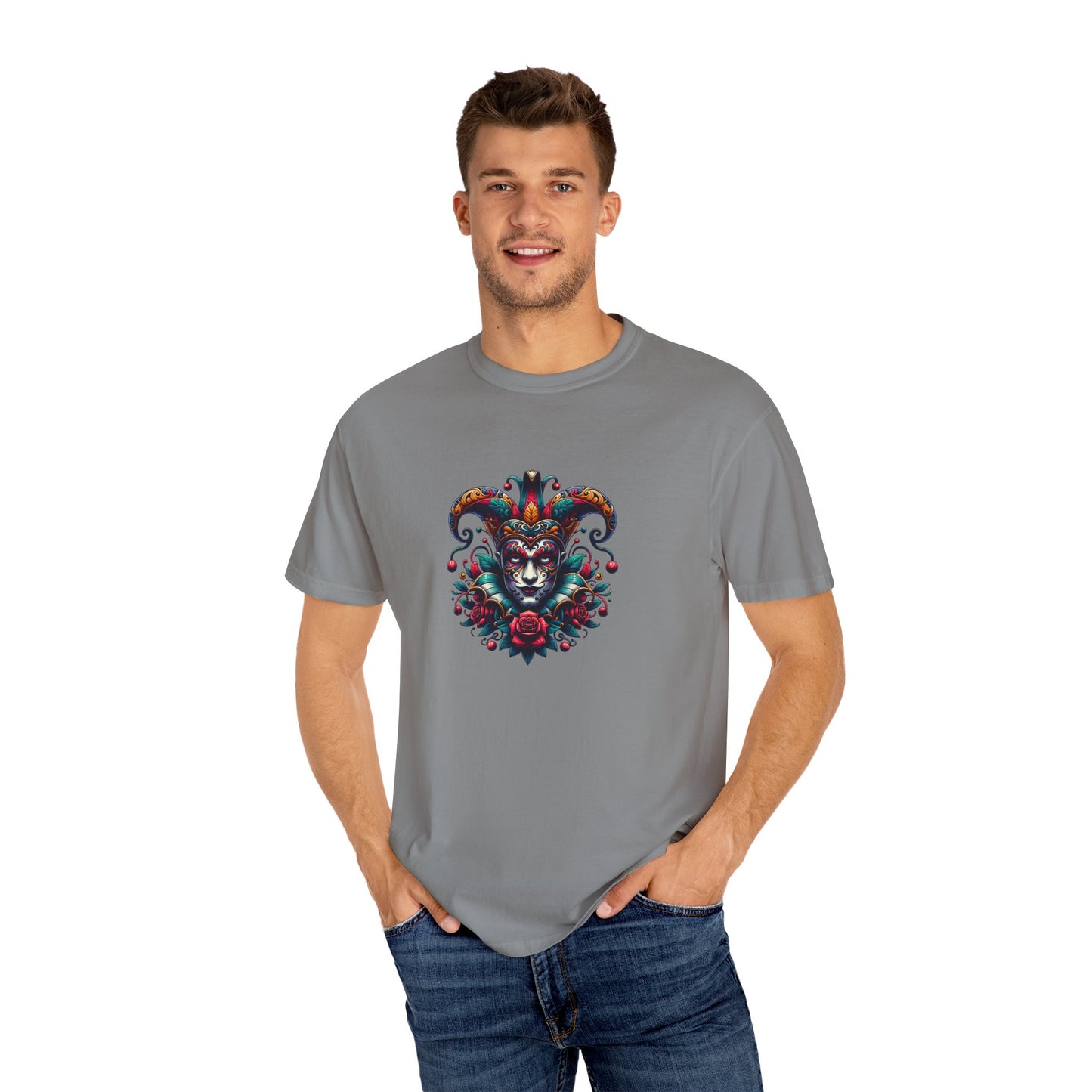 Vibrant Graphic Unisex T-Shirt with Floral Mask Design