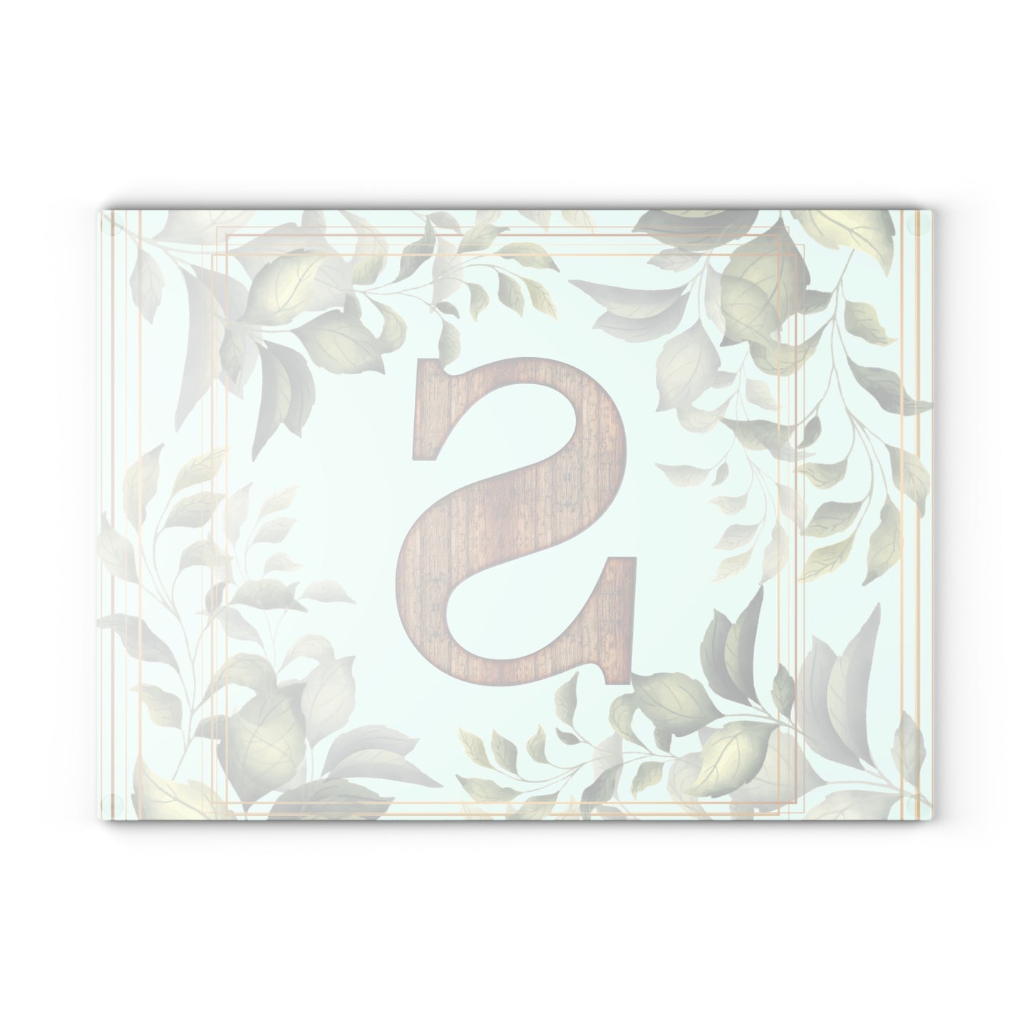 Monogram S Glass Cutting Board — Rustic Wood Initial with Greenery