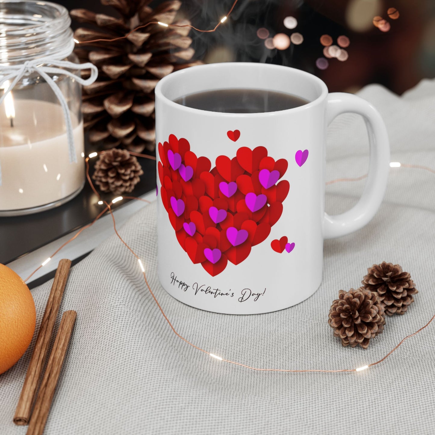 Valentine Heart Cluster Mug — Happy Valentine's Day Ceramic Coffee Cup (11oz & 15oz)