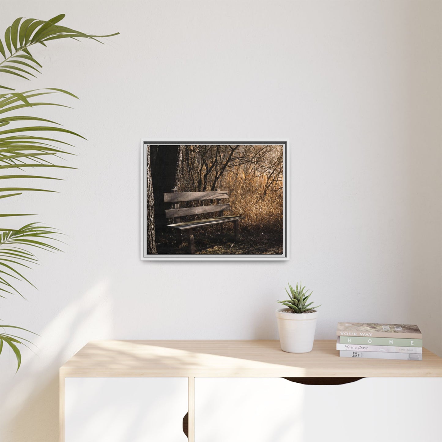 Framed Matte Canvas Print — Autumn Park Bench Photography