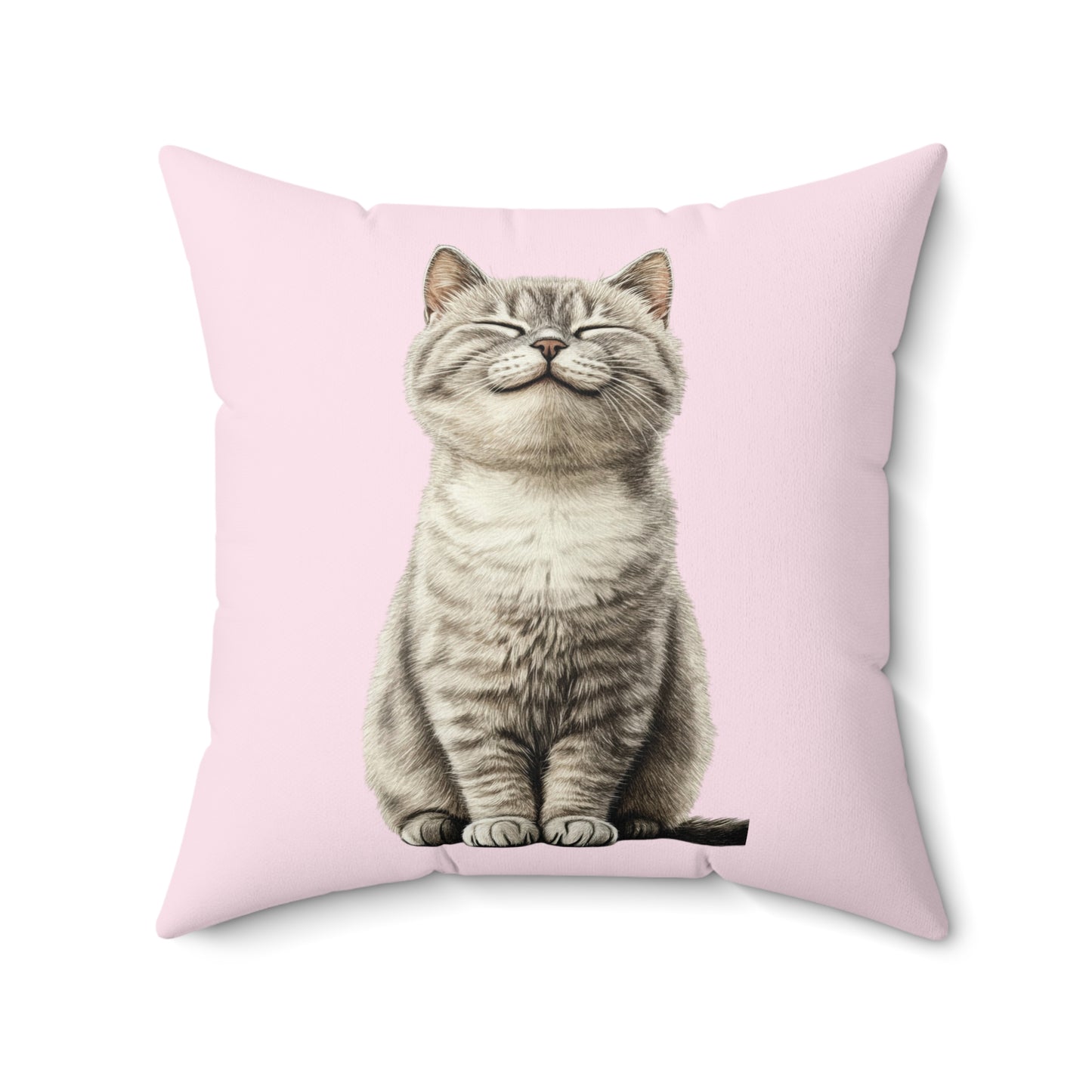 Smiling Cat Throw Pillow — Cute Grey Kitten on Pink Decorative Pillow