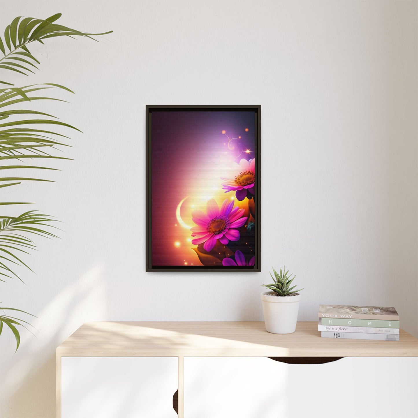Framed Floral Canvas Art — Pink Daisies Sunset Wall Print