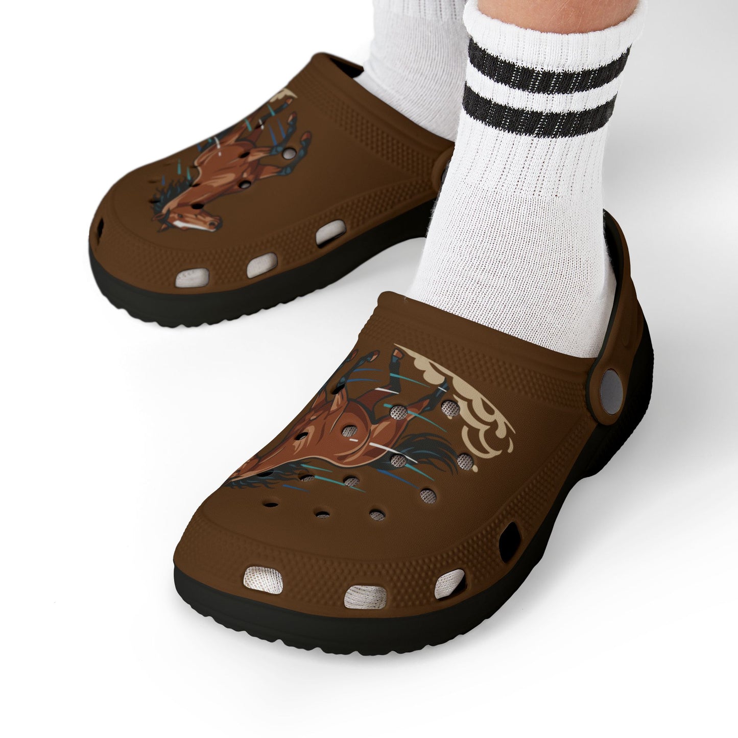 Kids Horse Print Foam Clogs — Brown EVA Slip-On Sandals for Children