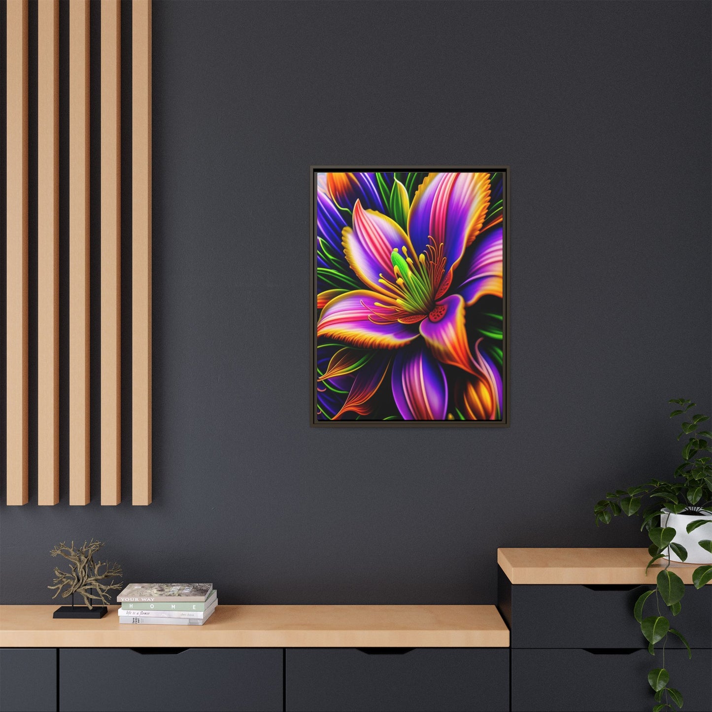 Vibrant Neon Floral Matte Canvas Print — Framed Wall Art