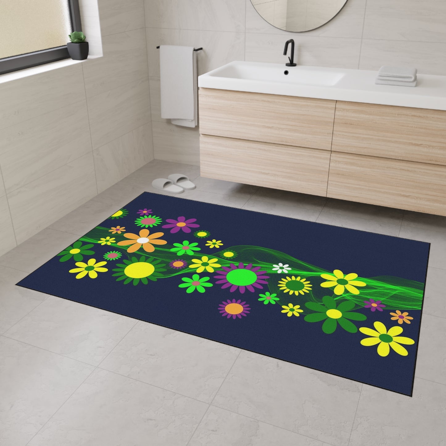 Floral Neon Wave Floor Mat — Heavy-Duty Non-Slip Entry Rug