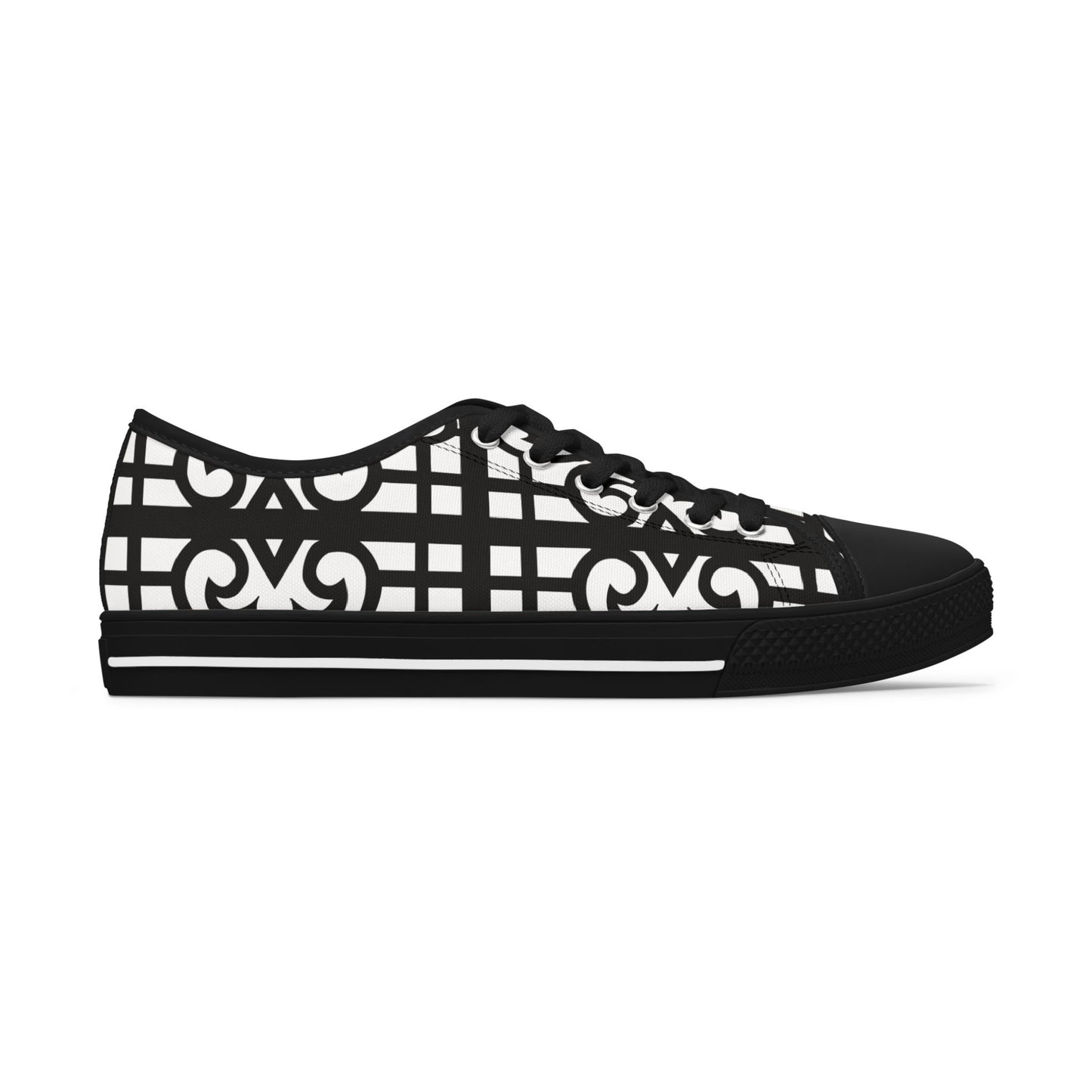 Low Top Sneakers — Black & White Geometric Lattice Pattern