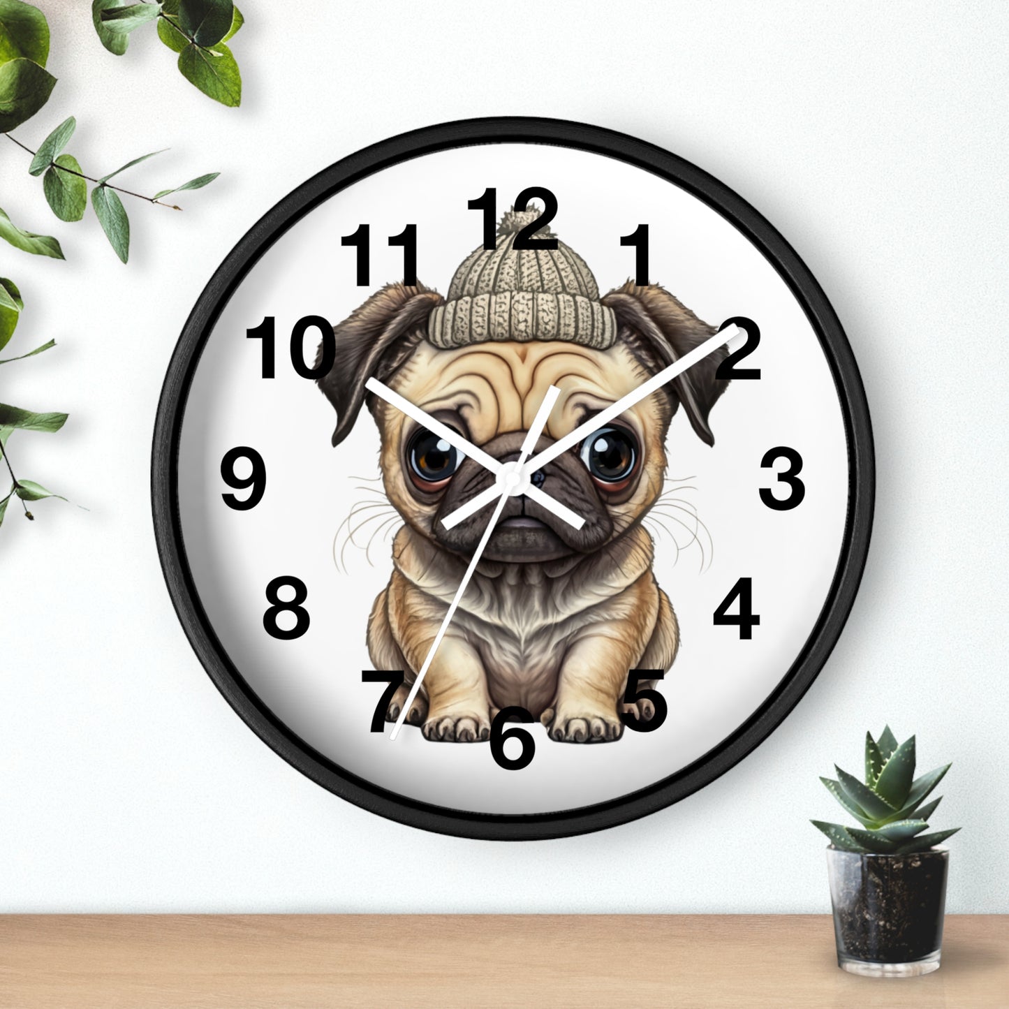 Cute Pug Wall Clock — Adorable Pug Puppy in Beanie Decorative Clock for Dog Lovers