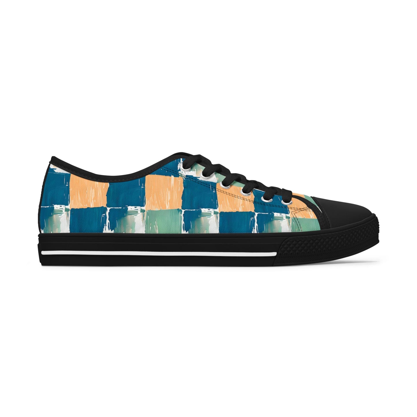 Canvas Sneakers — Hand-Painted Checkerboard in Teal, Orange & Mint