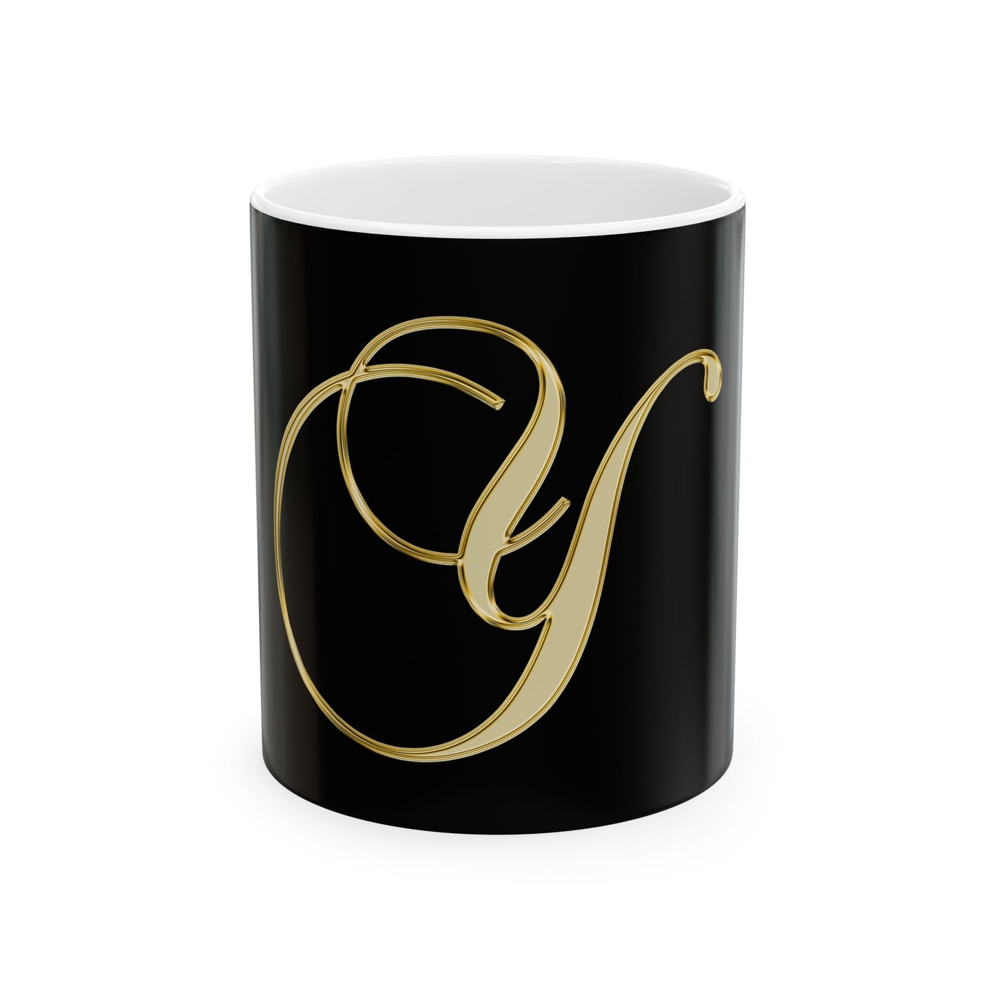 Gold Script Letter Y Ceramic Mug — Elegant Monogram Coffee Cup (11oz, 15oz)
