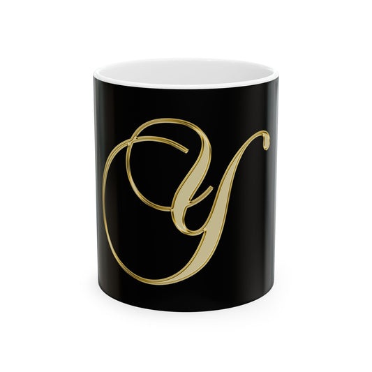 Gold Script Letter Y Ceramic Mug — Elegant Monogram Coffee Cup (11oz, 15oz)