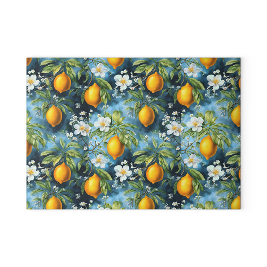 Lemon Blossom Glass Cutting Board — Citrus Kitchen Countertop Board