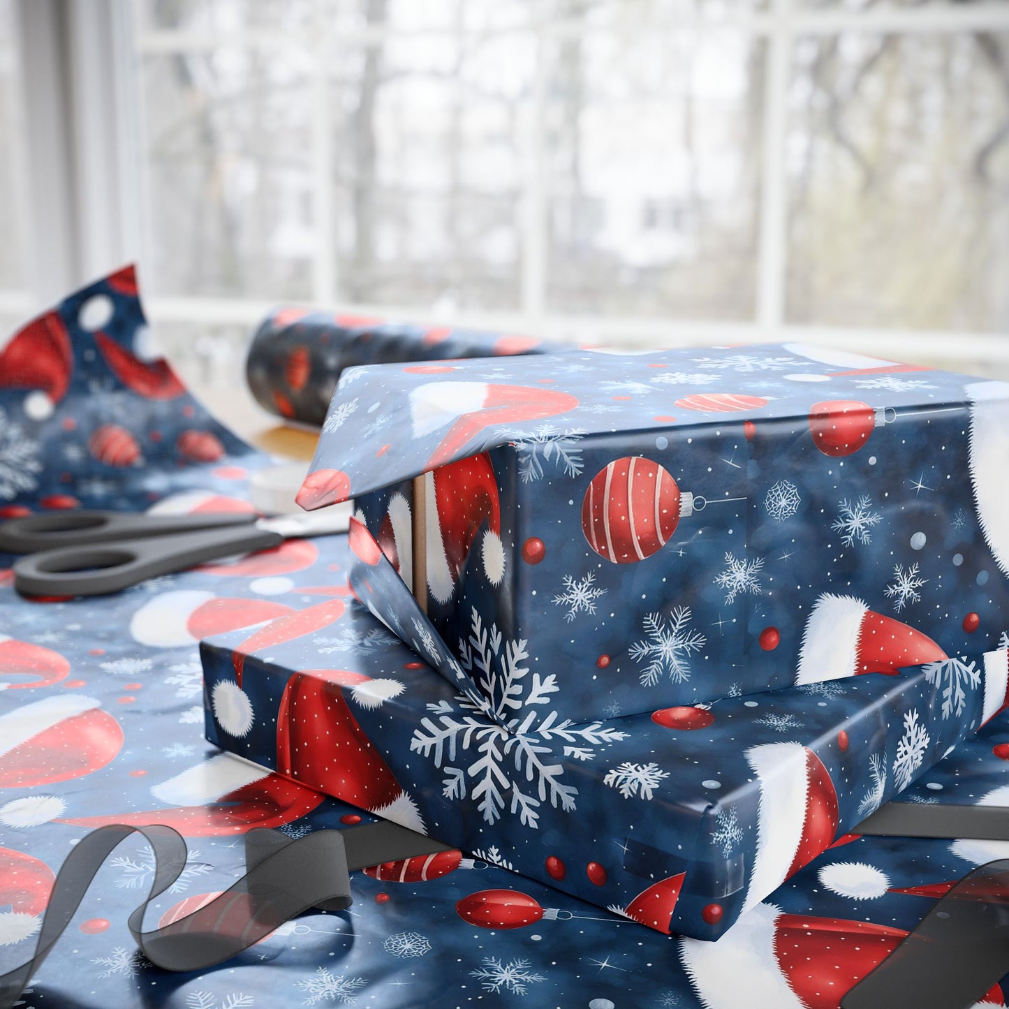 Holiday Snowman Wrapping Paper Roll — Festive Blue & Red Christmas Gift Wrap