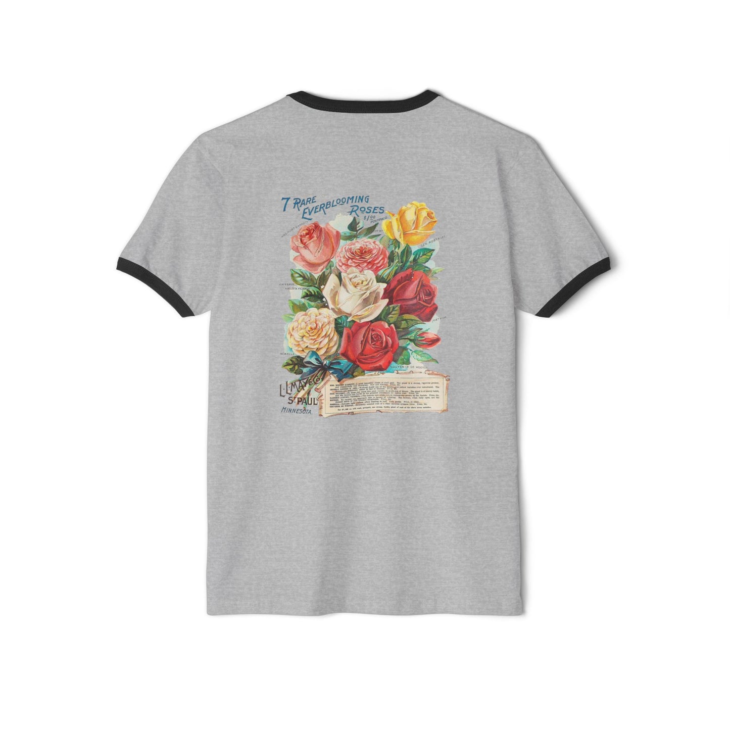 Vintage Floral Ringer Tee – '7 Rare Ever-Blooming Roses' Retro Bouquet Graphic