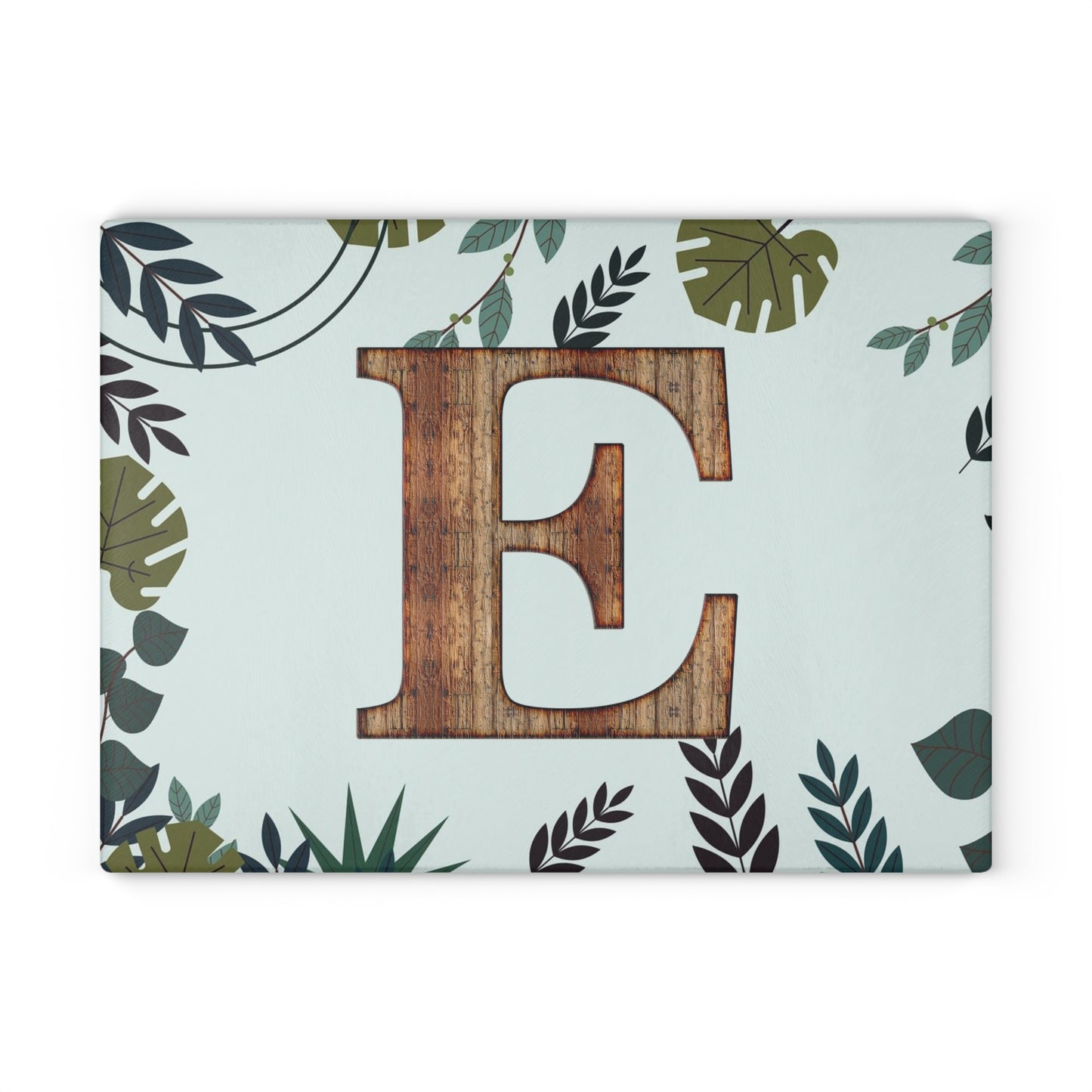 Monogram Glass Cutting Board — Rustic Wood ‘E’ with Tropical Leaf Border