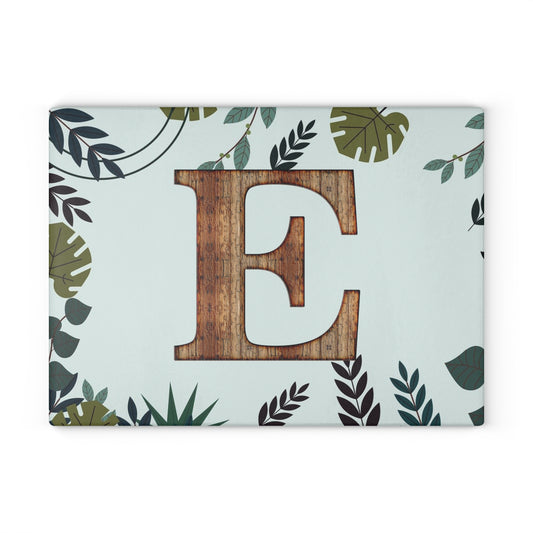 Monogram Glass Cutting Board — Rustic Wood ‘E’ with Tropical Leaf Border