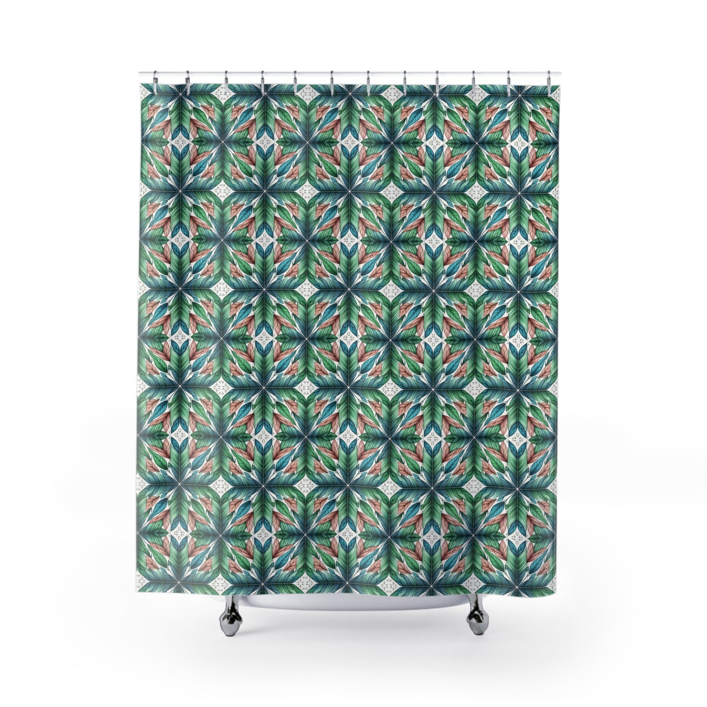 Botanical Kaleidoscope Shower Curtain — Green Leaf Geometric Bathroom Decor