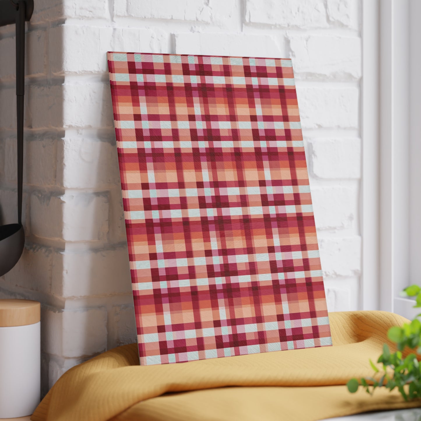 Plaid Glass Cutting Board – Warm Red & Peach Patterned Kitchen Board