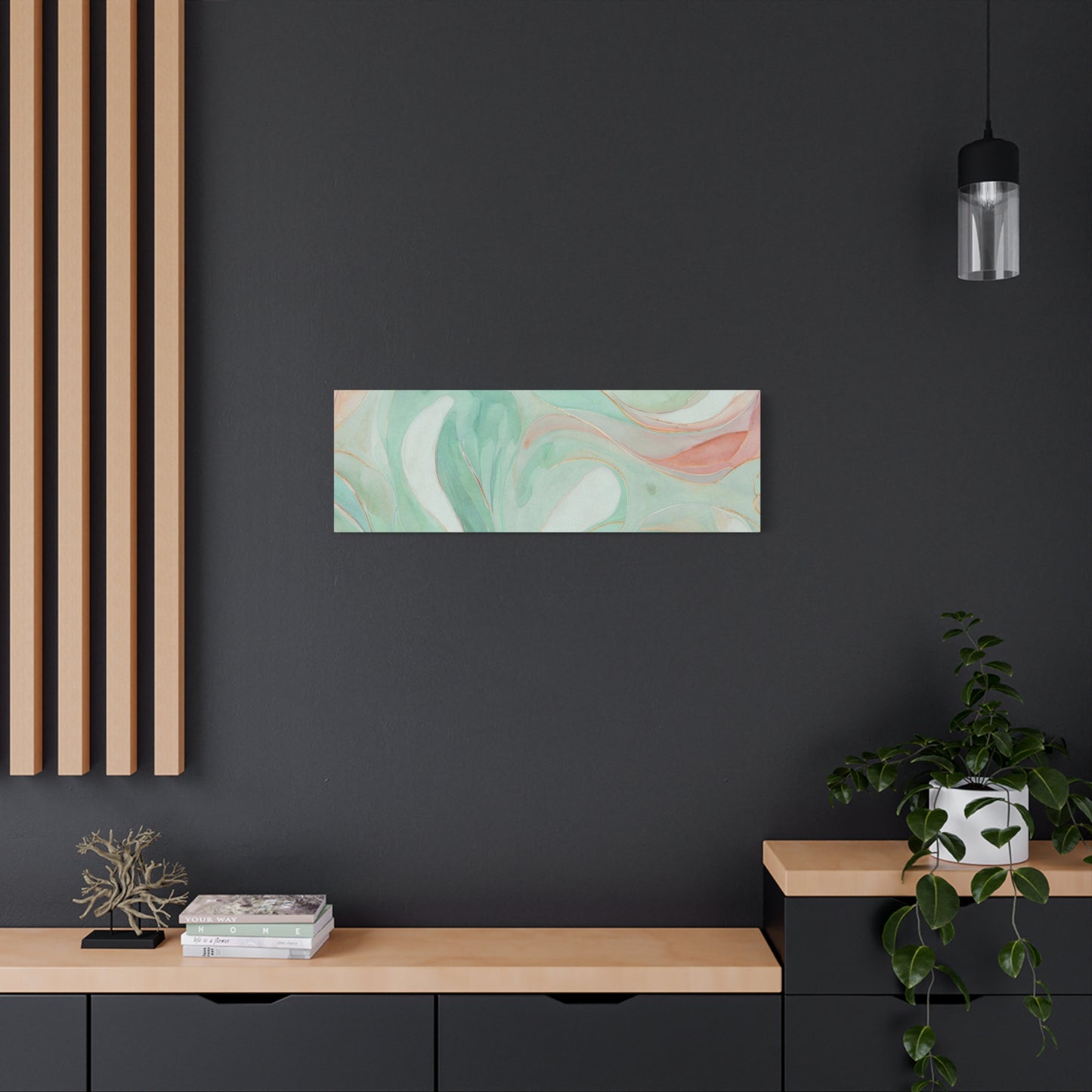 Abstract Green Marble Canvas Print — Teal & Coral Swirl Wall Art