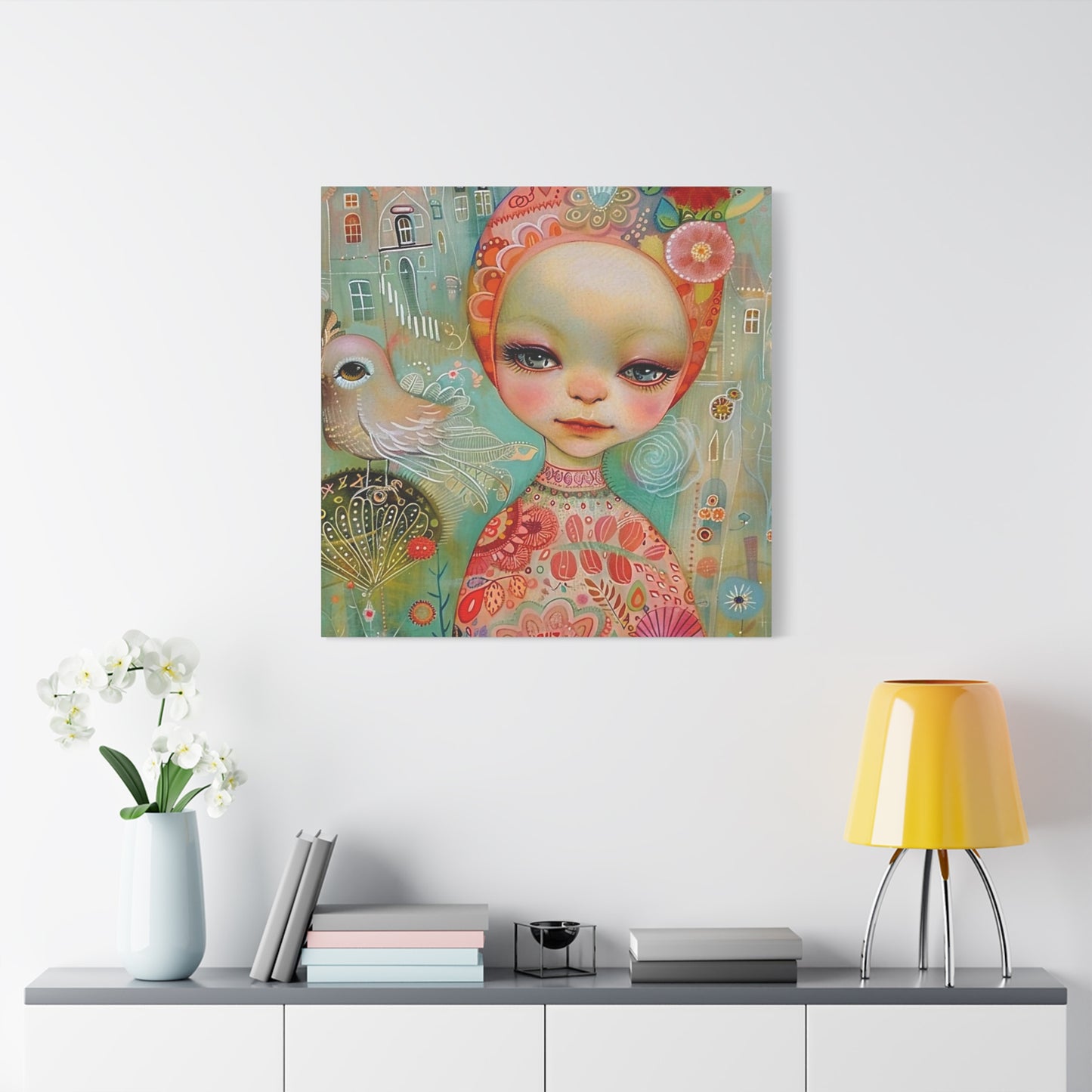 Whimsical Girl & Bird Matte Canvas Wall Art — Stretched Decorative Painting