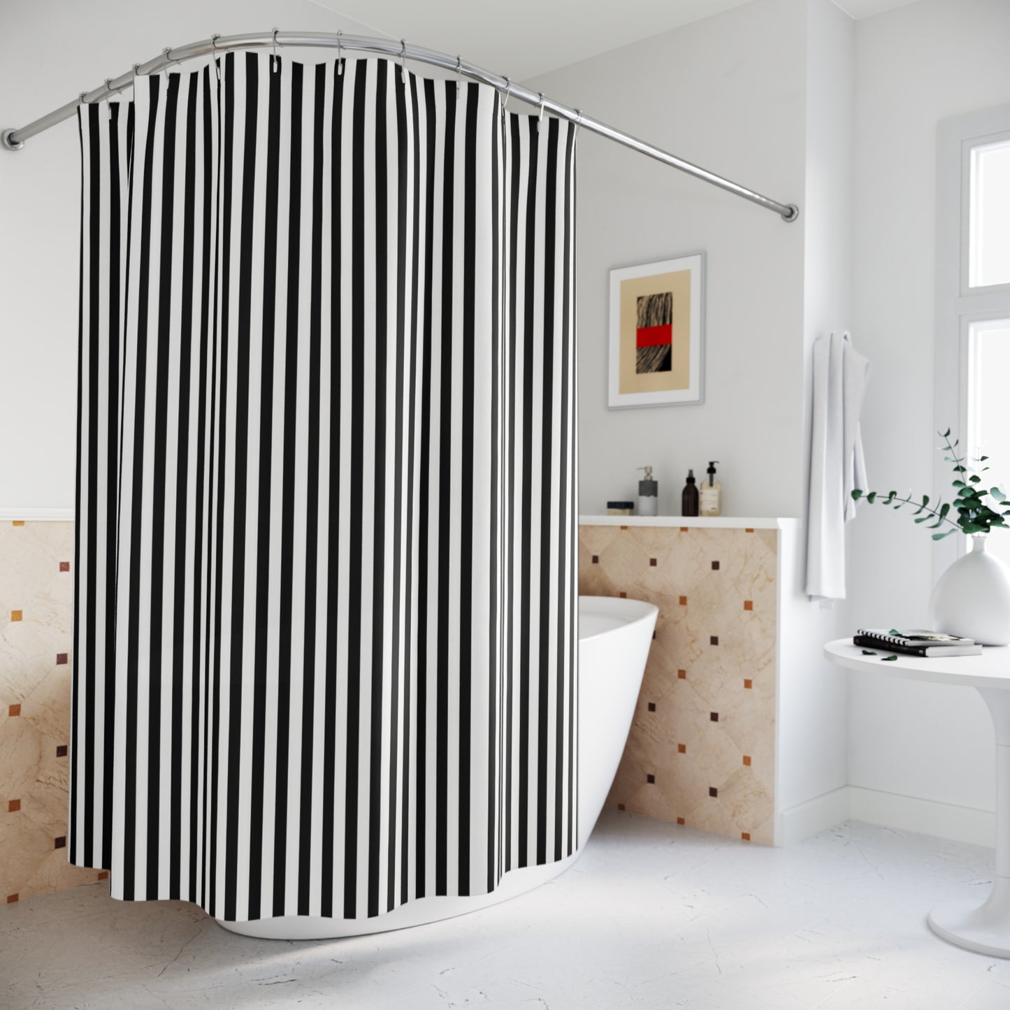 Black & White Vertical Stripe Shower Curtain — Modern Minimalist Bathroom Decor