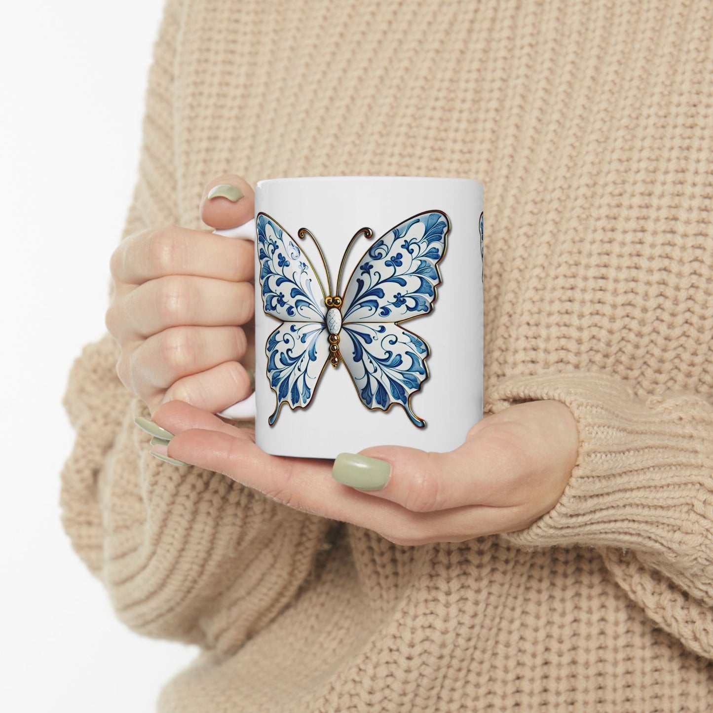 Blue Floral Butterfly Ceramic Mug — Decorative 11oz & 15oz Coffee Cup