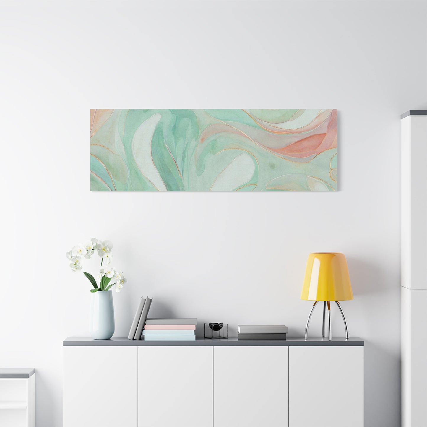 Abstract Green Marble Canvas Print — Teal & Coral Swirl Wall Art