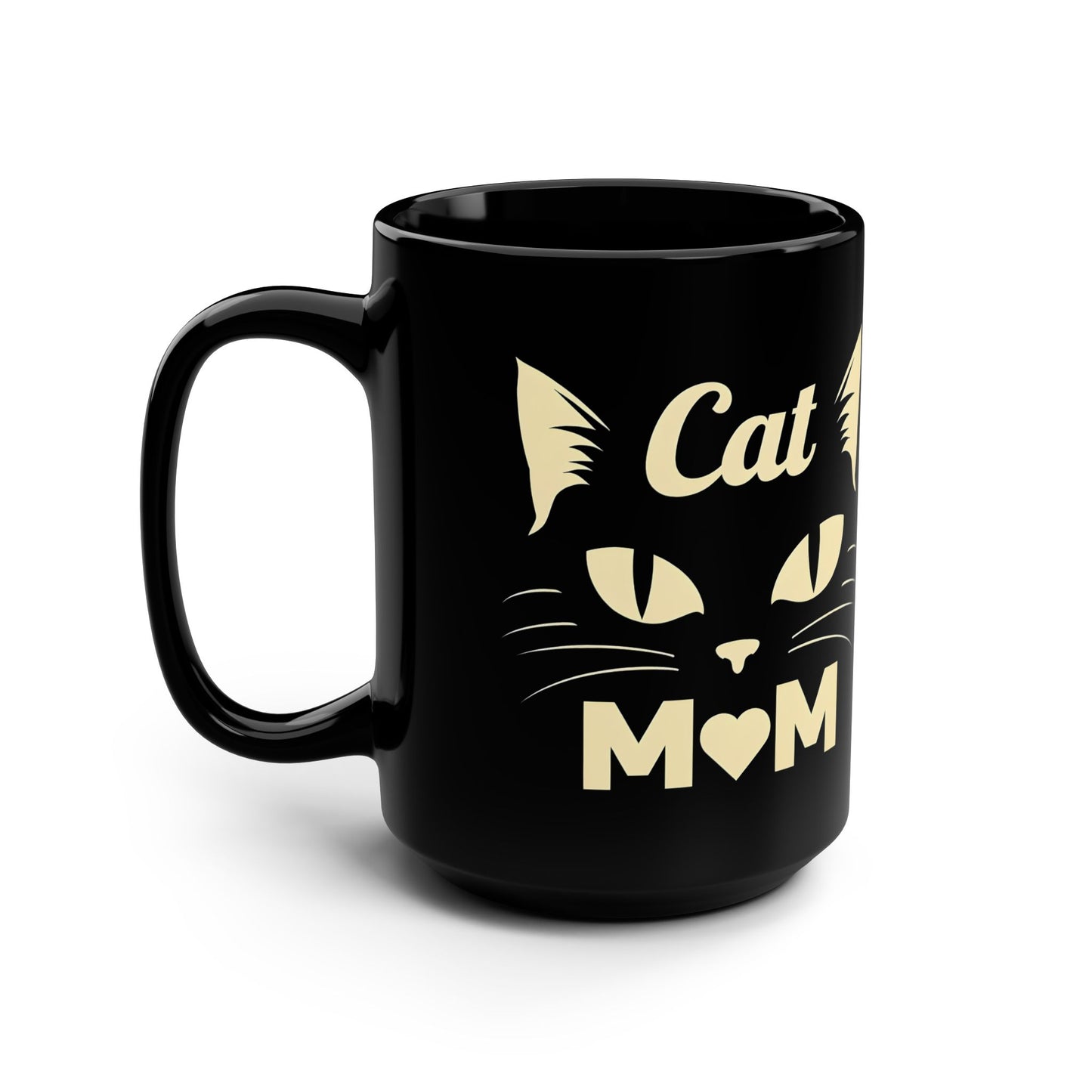 Cat Mom 15oz Black Mug — Cute Cat Face Coffee Cup for Cat Lovers