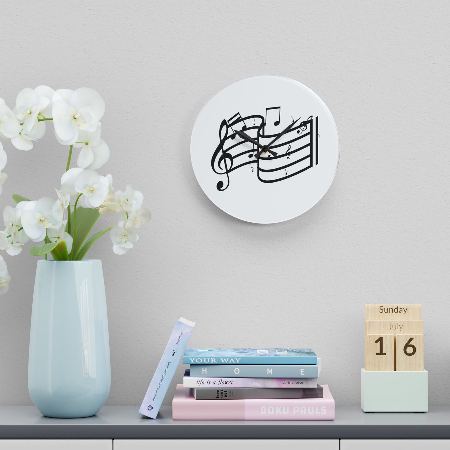 Musical Notes Acrylic Wall Clock — Black Treble Clef Design