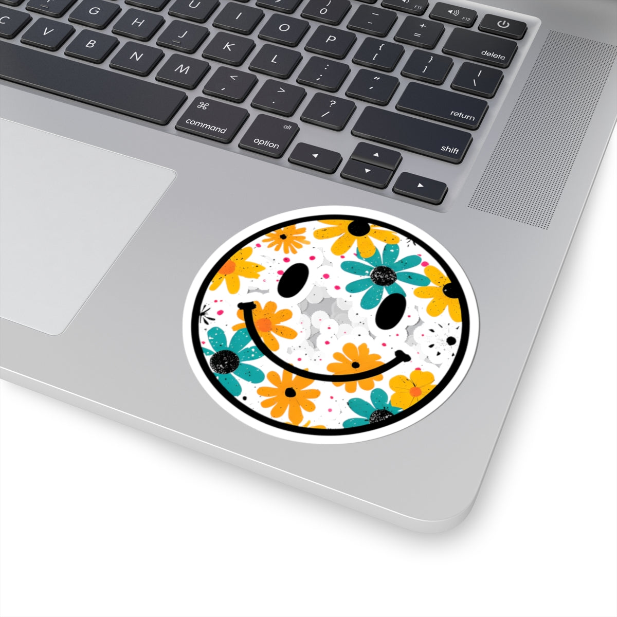 Floral Smiley Kiss-Cut Sticker — Colorful Daisy Happy Face Laptop Decal