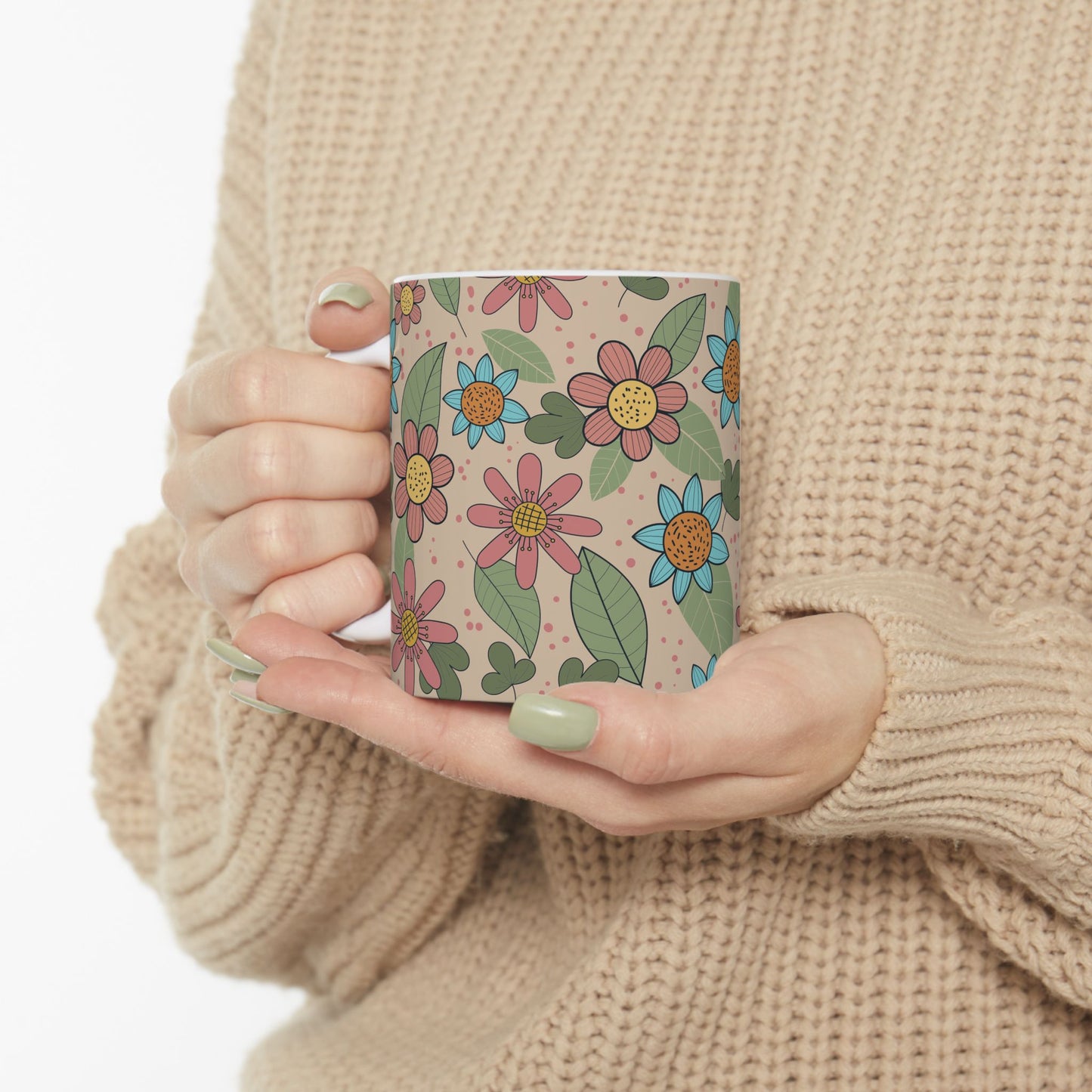 Floral Doodle Ceramic Mug – Retro Flower Pattern Coffee Cup (11oz & 15oz)