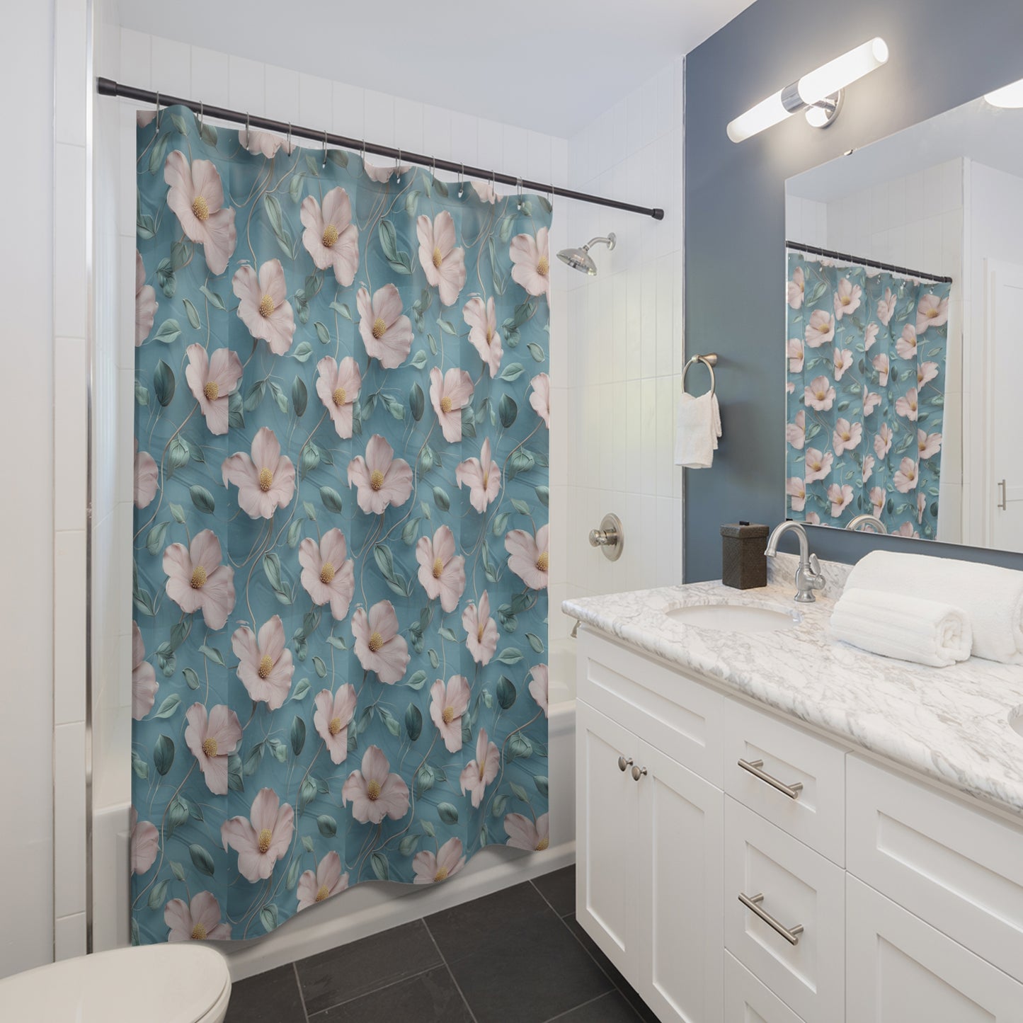 Floral Shower Curtain – Pink Blossoms on Teal Botanical Bathroom Decor