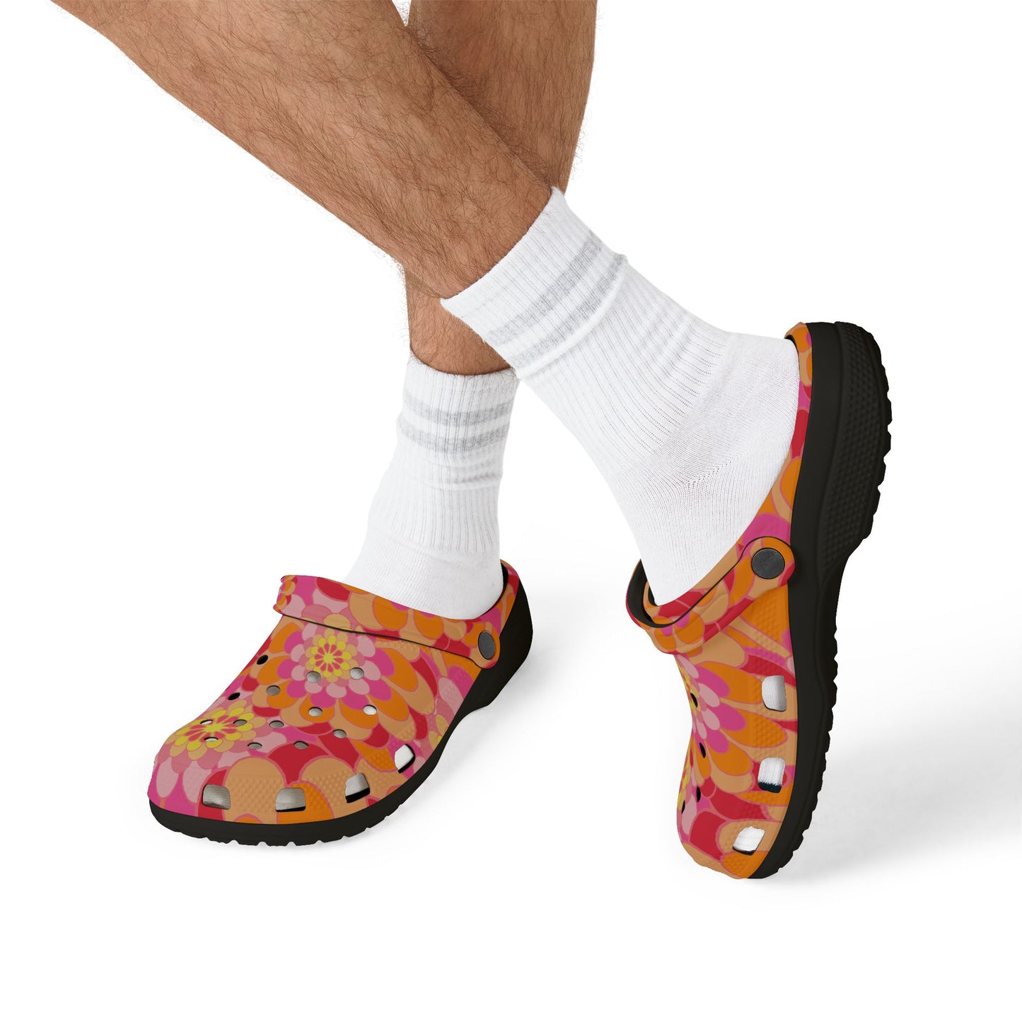 Floral Retro Foam Clogs — Pink Orange Psychedelic Garden Slip-Ons