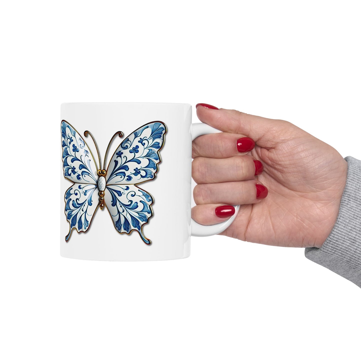 Blue Floral Butterfly Ceramic Mug — Decorative 11oz & 15oz Coffee Cup