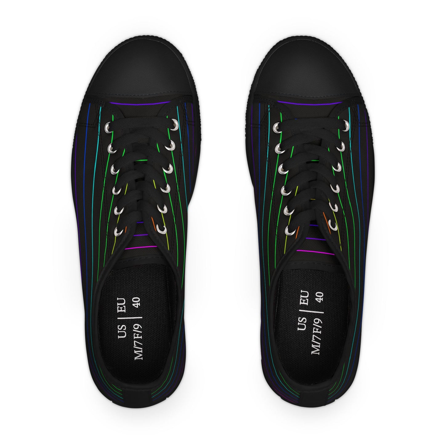 Low Top Sneakers — Black Retro Neon Stripe Casual Shoes for Women