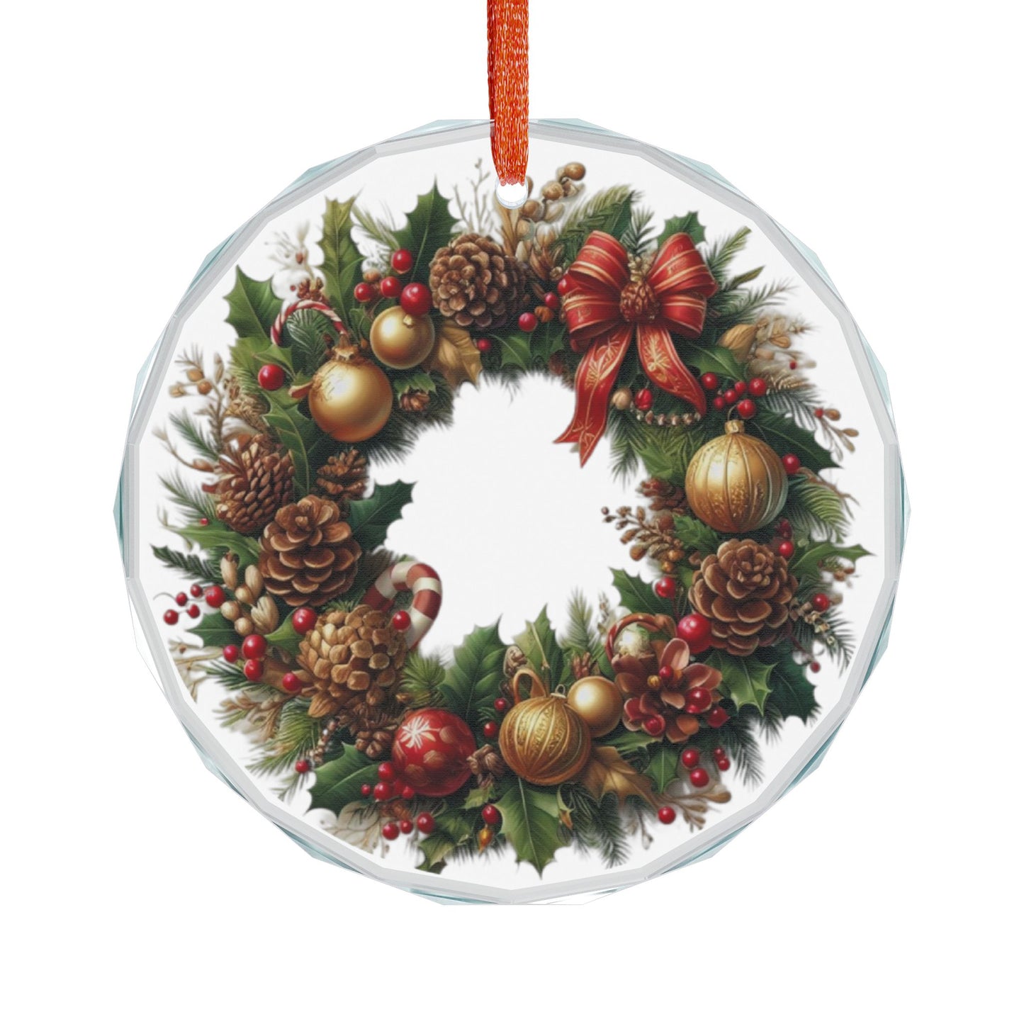 Crystal Glass Ornament — Traditional Pinecone & Bow Christmas Wreath Holiday Ornament