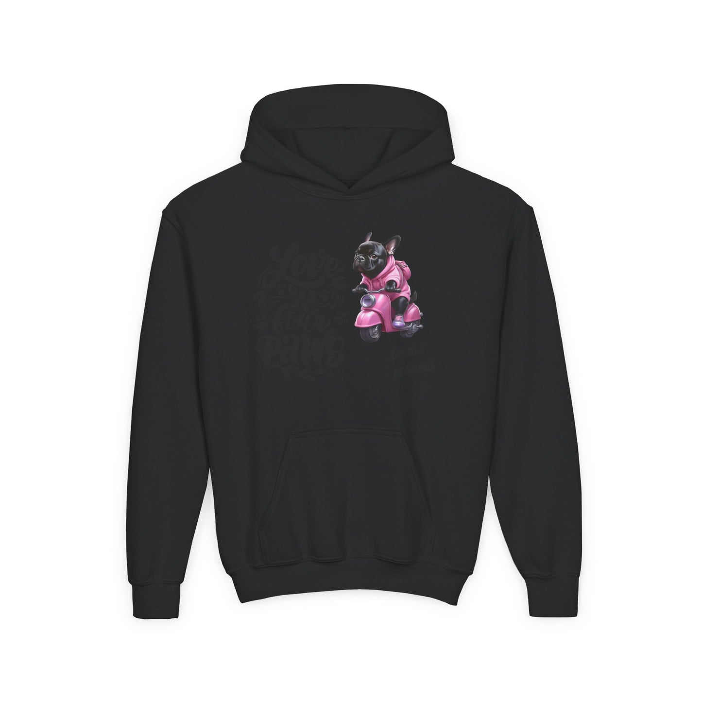 Youth Hoodie — "Love Has Four Paws" Pink Scooter French Bulldog Graphic