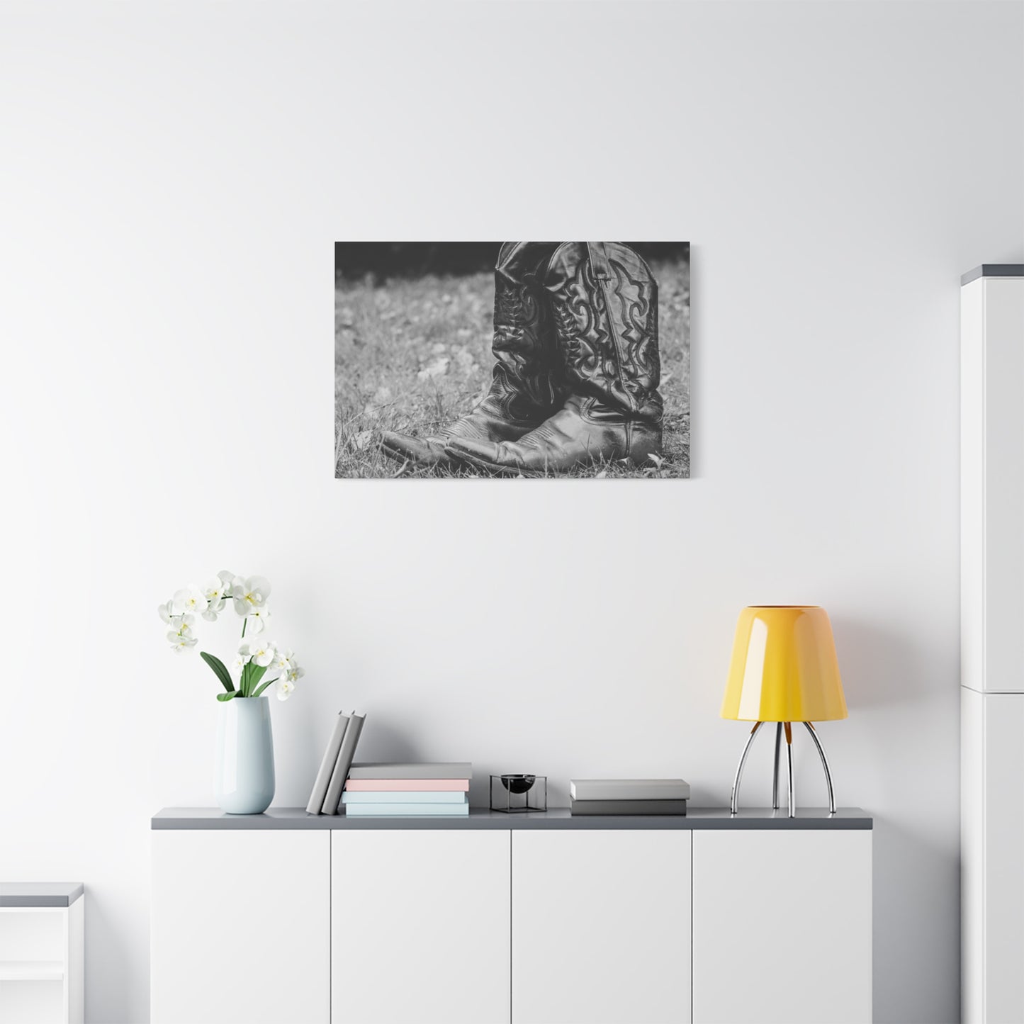 Western Cowboy Boots Matte Canvas Wall Art – Black & White Rustic Country Decor