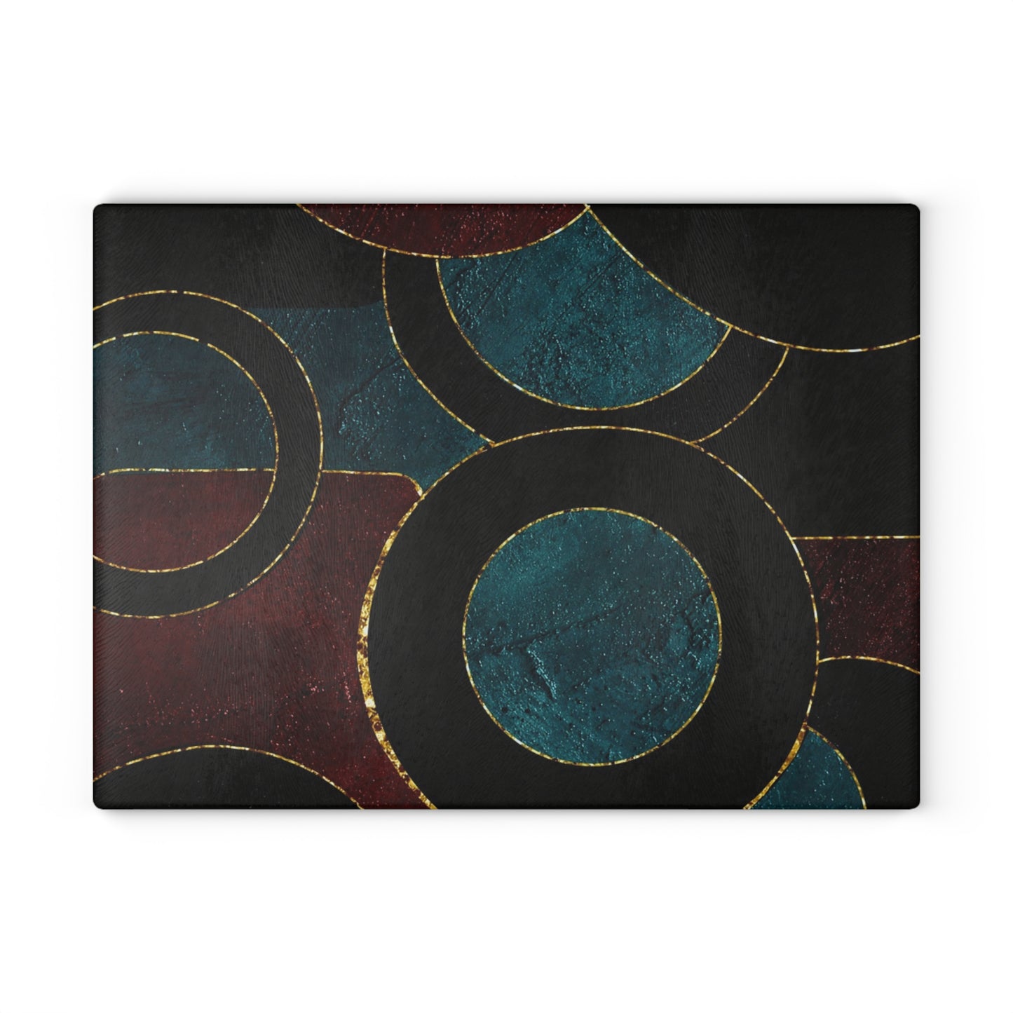 Geometric Circles Glass Cutting Board — Modern Teal & Burgundy Kitchen Decor