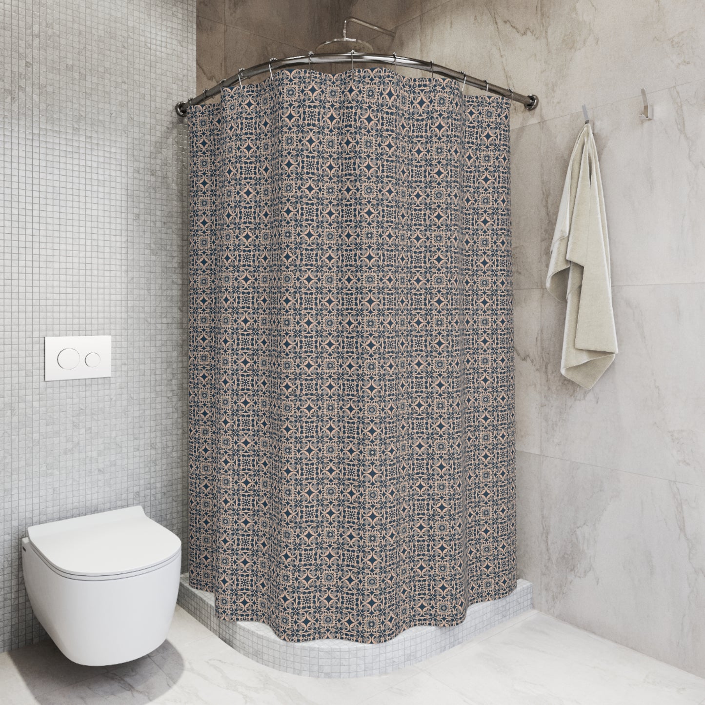 Moroccan Tile Pattern Shower Curtain — Navy Geometric Bathroom Décor