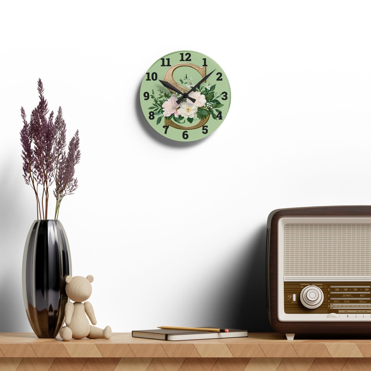 Floral Initial Acrylic Wall Clock, Elegant Home Décor - Letter S