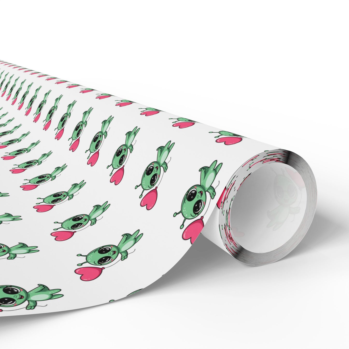 Wrapping Paper – Cute Green Alien with Pink Heart Pattern, Cute Gift Wrap for Kids & Baby Showers