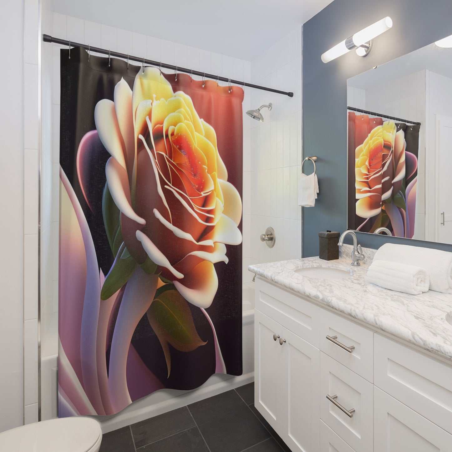 Romantic Sunset Rose Shower Curtain — Large Floral Bathroom Decor