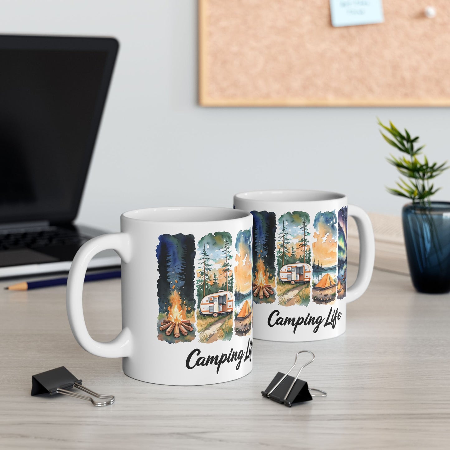 Camping Life Ceramic Mug — Scenic Campfire & Northern Lights Coffee Cup (11oz/15oz)