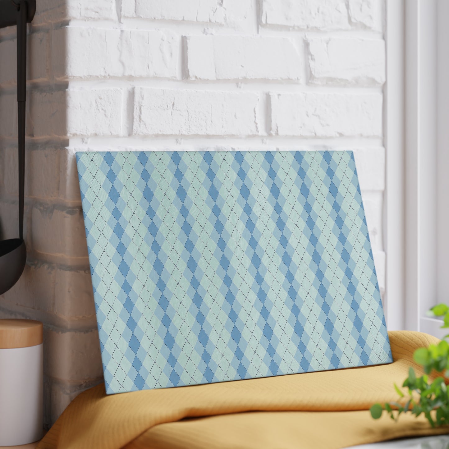 Argyle Pattern Glass Cutting Board — Blue Pastel Kitchen Prep Board